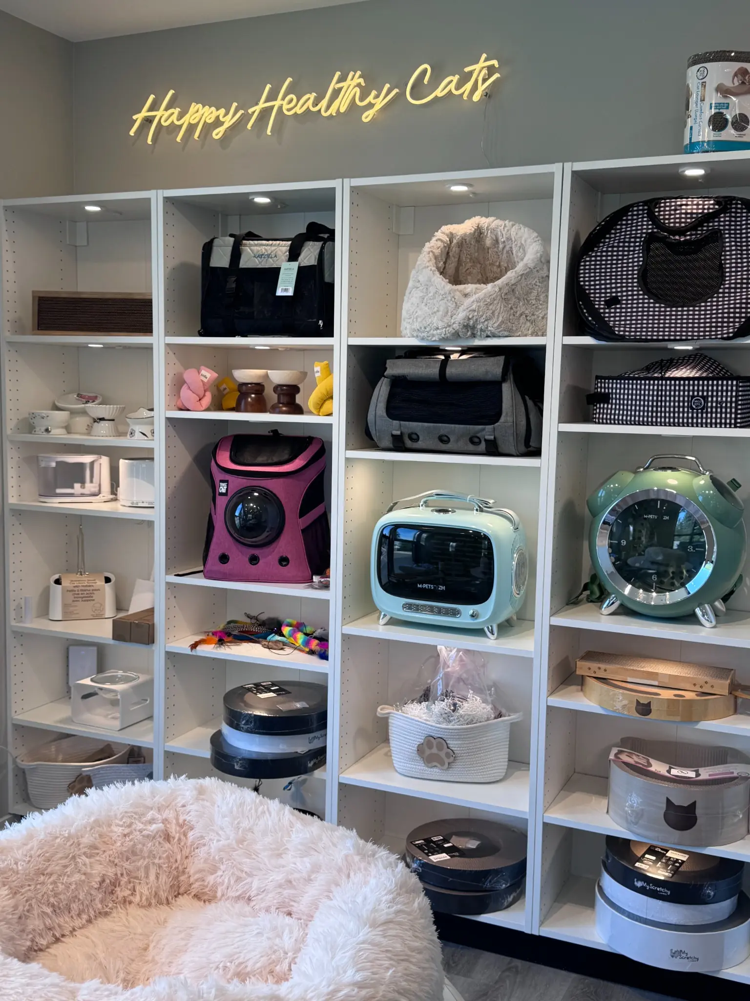 Shelves of cat beds, carriers, scratchers and accessories beneath the Happy Healthy Cats sign in the Calgary studio