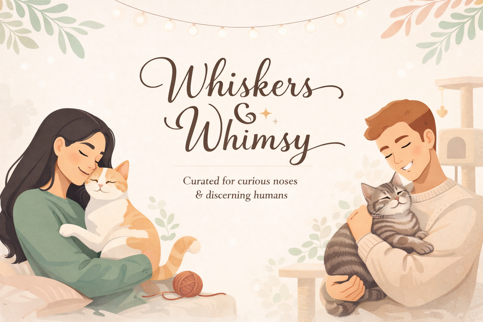 Illustrated hero artwork for Whiskers and Whimsy featuring cats and their people in a warm modern style.